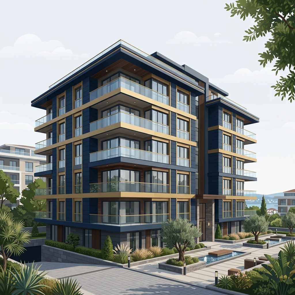 Bakımlı bahçesi ve ortak alanlarıyla modern bir apartman binası çizimi